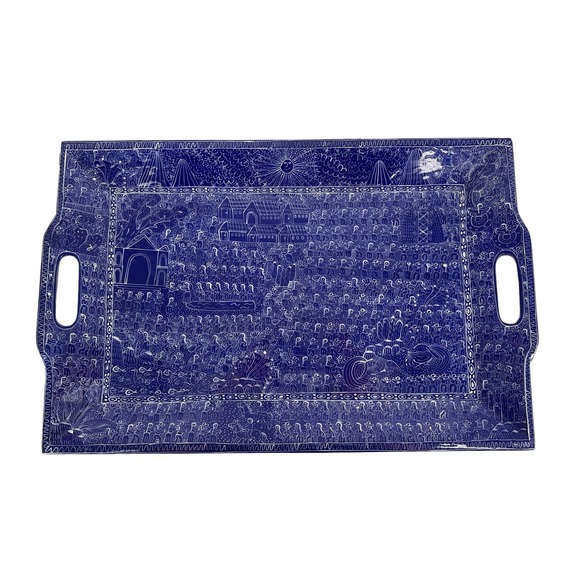 MEXICO Other - UNIQUE HAND PAINTED WOOD TRAY LARGE MEXICO BLUE